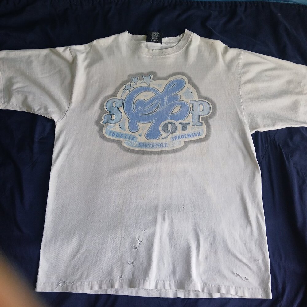 Mens South Pole T-shirt Blue/White Large Y2K